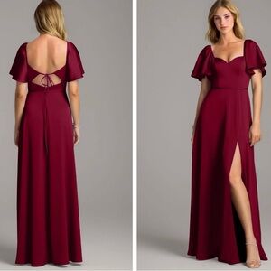 NWT Azazie Bridesmaid Burgundy Maxi Dress with Flutter Sleeves